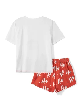 Moterų Kalėdų Pižama Lounge Nustatyti Santa Print Trumpomis Rankovėmis Viršūnes Ir Laiškas Spausdinti Šortai 2 Gabalas Loungewear Komplektai