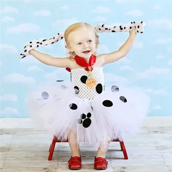 Naujas Baby Baltas Šuo Tutu Suknelė Mergaitėms Nėrimo Raudonas Dirželis Suknelė, su juodais Taškeliais ir Hairbow Vaikai Šalis Animacinių filmų Kostiumų Cosplay Suknelė