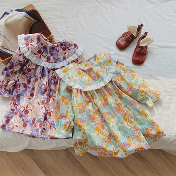 Pietų Korėja vaikų nėrinių pynimas apykaklės mergaičių suknelė iki 2023 m. rudenį naujų gėlių ilgomis rankovėmis princesė suknelė