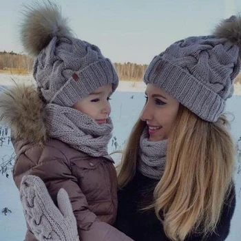 Tėvų-Vaikų Beanie Skrybėlių Mama & Vaikams Žiemą Šiltas Kabelis Megzti Skrybėlę Bobbles Šeimos Atitikimo Nėrimo Bžūp