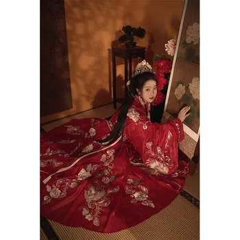 Originalus Vintage Stiliaus Kinijos Raudona Išskirtinį Siuvinėjimo Vestuvių Hanfu Moterims 4 Spalvų Prabangūs Nuotaka vakarinę Suknelę 4PCS Kostiumas