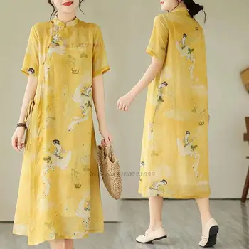 2024 m. kinijos derliaus cheongsam suknelė nacionalinės gėlių spausdinti medvilnės, lino suknelė pagerėjo qipao rytų-line qipao liaudies suknelė