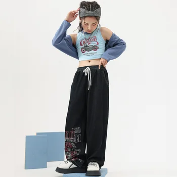 Hip-Hop Merginos Pasėlių Viršuje Gatvės Šokių Džinsinio Baggy Pants Paauglių Vaikų Streetwear Laisvi Džinsai Drabužiai Nustato Vaikų Džiazo Cool Kostiumai