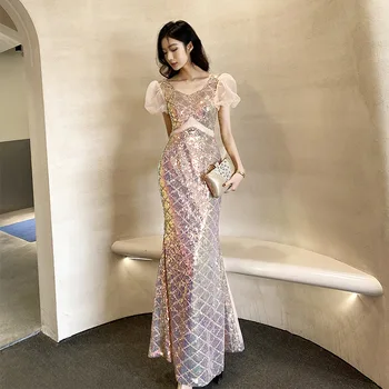 Moterų Prabangus China Qipao Seksualus Atgal Lankas Vestidos Rožinė Princesė Stiliaus Įžymybė Pokylių Suknelė, Ilgas Chalatas De Soiree Gimtadienio Suknelė