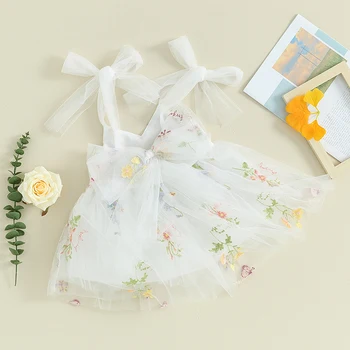 Vaikiška Mergaitė Nėrinių Pynimas Suknelė Gėlių Siuvinėjimas Bowknot Tiulio Suknelė Vaikų Vasaros Rankovių Spageti Dirželis Suknelė