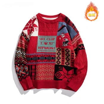 Amerikietiško Stiliaus Streetwear Colo-užblokuotas Prarasti Kalėdų Megztiniai Vyrams Ruduo Žiema Plius Aksomo ir Sutirštės Puloveriai, Megzti