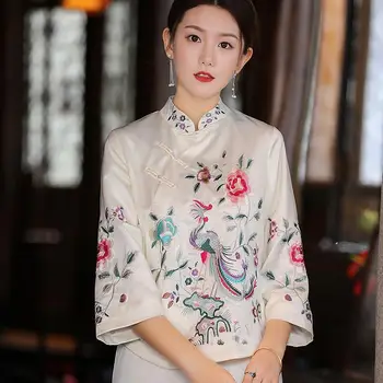 Etninio Stiliaus Tang Kostiumas Kailis Retro Siuvinėjimo Mygtuką Kinijos Viršuje Moterų Top Elegantiškas Prarasti Palaidinė Nauja Pavasarį ir Rudenį