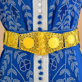 Aukso Spalvos Nuotaka Diržo Alžyro Stiliaus Vadovas Monetos Juosmens Grandinės Kvadratinės Formos Caftan Diržai Arabų Tradicinių Atostogų Papuošalai