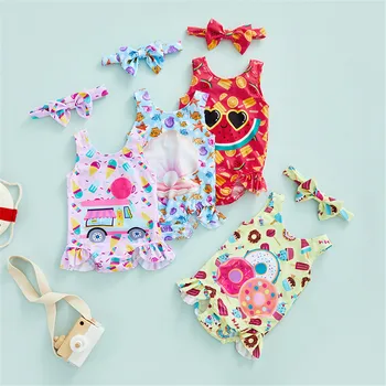 Baby Girl Spausdinti maudymosi Kostiumėliai, Pynimas maudymosi kostiumėlį Lankelis 1-6Y Bamblys Vaikams, Vaikų Vasaros Laisvalaikio Rankovių Maudymosi Kostiumą Paplūdimio