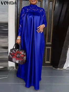 VONDA Moterų Nėriniai Kratinys Satino Maxi Suknelė iki 2023 m. Rudenį ilgomis Rankovėmis Stovėti Apykaklės Ilgai Suknelės Derliaus Elegantiškas Atsitiktinis Skraiste Femme