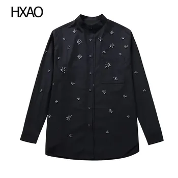 HXAO Moterų Marškiniai kalnų krištolas Juodos Palaidinės ilgomis Rankovėmis Viršūnes Elegantiškas Prašmatnus Moteris Marškinėliai Rudens Mados 