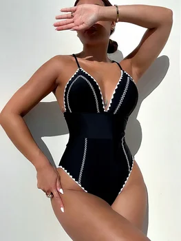 Seksualus V-kaklo maudymosi kostiumėlį vientisi maudymosi Kostiumėliai Moterims 2024 Maudymosi Kostiumą Susiuvimo Bodysuits Paplūdimio Bikini Thong Monokini Paplūdimio Drabužiai