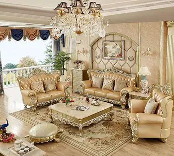 Gyvenamojo kambario baldai Europos pirmame aukšte odos sofos, villa karvės odos sofa šviesos prabangaus šampano, aukso medžio masyvo baldai