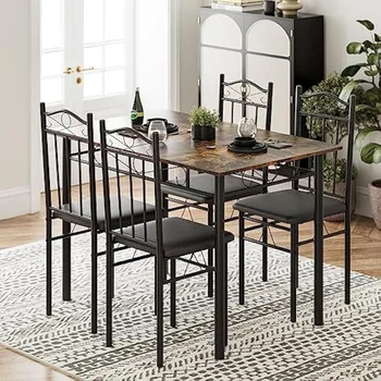 Virtuvės Stalą 4-piece Set, 5-gabalas Metalo ir Medienos, Stačiakampio Pusryčiai Kampe, Dinette Plotas su Kėdėmis