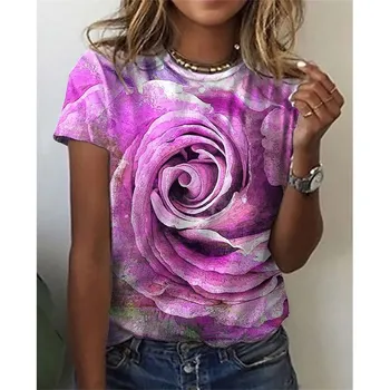 Camiseta feminina de manga curta com estampa rosa 3D, stalviršiai, femininos, camisetas para mulheres,roupas casuais, verão, 2023