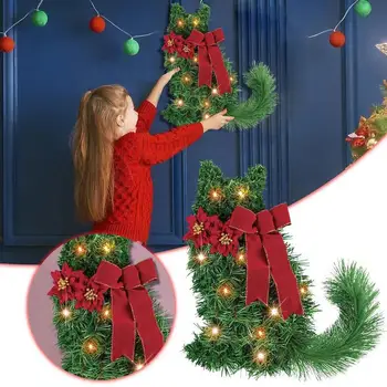 Kalėdų Dekoracijos Girlianda Žaluma Katė Formos Apšviesta Pušų Spyglių Atostogų Kalėdų Ornamentu Mantijos Židiniu Dekoras 0
