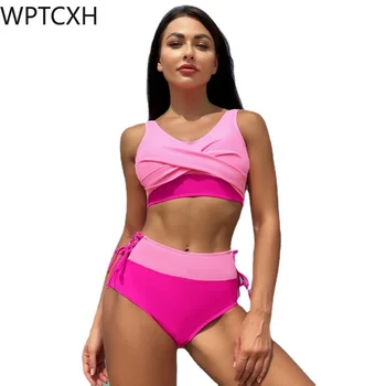 Nauja Seksuali Rožinės spalvos Bikini Komplektas Aukšto Juosmens Nėriniai-up maudymosi kostiumėlį Moteris Push Up maudymosi Kostiumėliai, Moteriška Dviejų dalių Atostogų Maudymosi Kostiumą Paplūdimio