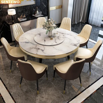Dizaineris Prabangus turas virtuvės Marmuro Uolos Plokštė valgomasis stalas nustatyti 8 kėdės tablo baldai meuble marbre Nerūdijančio plieno aukso bazės