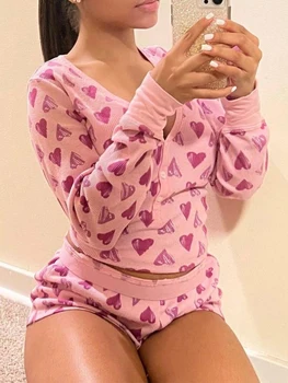 Moteris Valentino s Diena Pajama Nustatyti Širdies Spausdinimo Mygtukas, T-marškinėliai, Šortai Sleepwear Loungewear