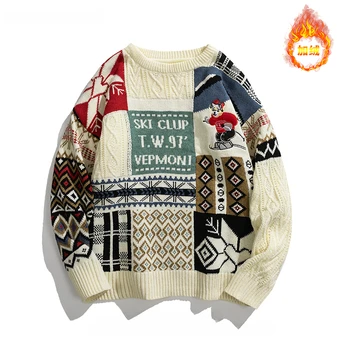 Amerikietiško Stiliaus Streetwear Colo-užblokuotas Prarasti Kalėdų Megztiniai Vyrams Ruduo Žiema Plius Aksomo ir Sutirštės Puloveriai, Megzti 2