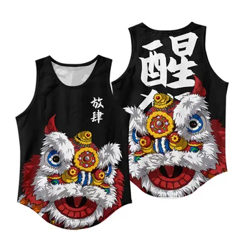 3D Kinų Stiliaus Lion Dance bako viršuje vyrų/moterų hip-hop vasara vest Harajuku Kultūrizmo tankų berankoviai marškinėliai 2