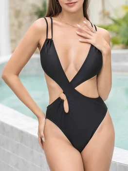 2024 m. Žiedo Susiję Monokini Cut-out vientisi maudymosi kostiumėlį, Kieti Tuščiaviduriai Seksualus maudymosi Kostiumėliai Moterų Paplūdimio Maudymosi ir Plaukimo Plaukti Kostiumas 5