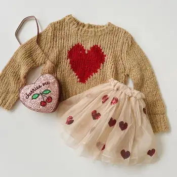 Žiemos KS Kids Merginos Širdį Spausdinti Megztiniai Megztiniai + Nėrinių Sijonas Drabužių Rinkiniai 0
