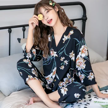 3pcs Pavasario Vasaros Homewear Kostiumas Rudenį Moterų Pižama Nustatyti Medvilnė Seksuali Suspender Kimono Sleepwear Merginos Pyjma Nustatyti Moterų Drabužiai 0
