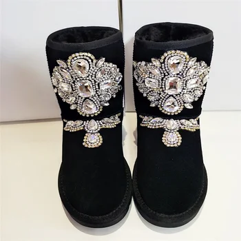 Rudenį ir žiemą naujas vertus-diamond-inkrustacijos karvės odos vandeniui vidurio vamzdis moterų batai sniego batai medvilnės batai 35-44