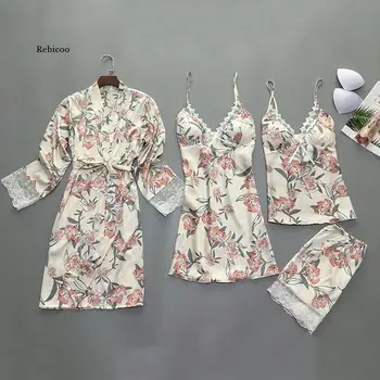 4 Vienetų/set Moterų Pižama Rinkiniai Satino Nėriniais Seksualus Pijama Pyjama Mujer Pižamos Moterims, Šilko Gėlių Spausdinti Sleepwear 0
