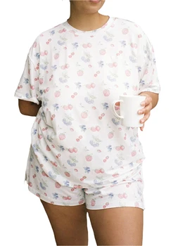 Moterys 2 Gabalas Gėlių Pižama Nustatyti Y2k Negabaritinių Trumpomis Rankovėmis Viršūnes Marškinėliai, Šortai Sleepwear Rinkinys 0