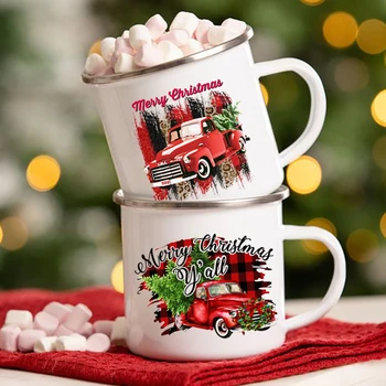 Sunkvežimių kalėdų eglutė spausdinti kavos puodeliai balto emalio gerti puodelis su rankena alaus taures šalies stalo apdailos, dovanos, šeimos draugais