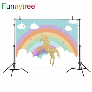 Funnytree fone fotostudija vienaragis dangaus animacinių filmų vaivorykštinis debesis golden star vaikai fotografijos foną, photocall