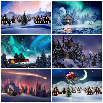 Žiemos Naktį Aurora Fotografijos Fonas Kalėdų Senį Šalis, Namas Gamtos Kraštovaizdžio Fotografijos Fono Foto Studija 0