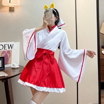 Japonijos Kawaii Kimono Skraiste, Anime Cosplay Kimono Suknelę Plius Dydis Lolita Drabužius ilgomis Rankovėmis Raudona Balta Tarnaitė Komplektus dropshipping 0