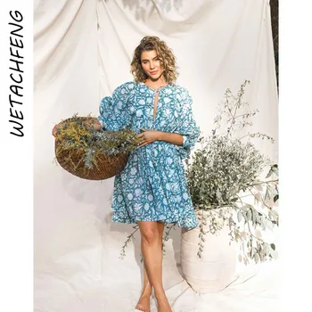 Paplūdimys Bohemijos Atostogų Palaidų Gėlių Suknele Moterys Vasarą Žibintų Rankovės Mini Elegantiška Vintage Vestidos Seksualus Mėlynos Spalvos Moteriški Drabužiai