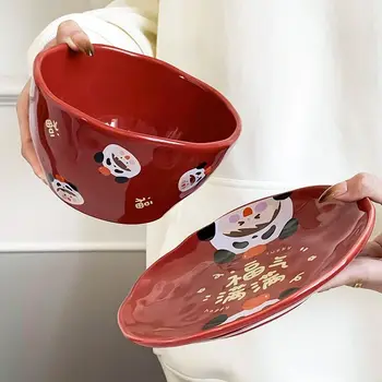 Naujųjų Metų Instagram Raudona Indai, Namų apyvokos Patiekalo, Nustatyti Buitinės Keramikos Palaiminimus Užpildyti Dubenį Plokštės Didelės Vertės Švenčių Ryžių Dubenėlius