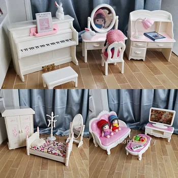 Lėlių Mini Miegamasis, Gyvenamasis Kambarys su Sofa-lova, Stalas, Kėdė Nustatyti OB11 Doll House Baldai Miniatiūriniai Modelis Priedai
