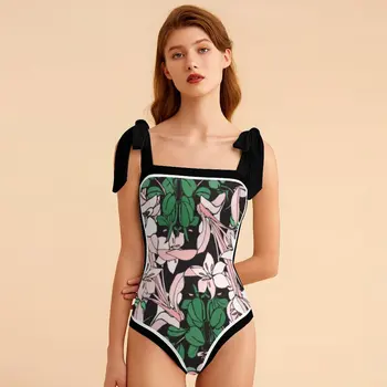 Tropinių Gėlių Printswimwear vientisas maudymosi kostiumėlis 2023 Moterų Aukšto Juosmens Apynasrio Dirželis Bikini Kostiumas Nereguliarus Dirželis Padengti Iki 0