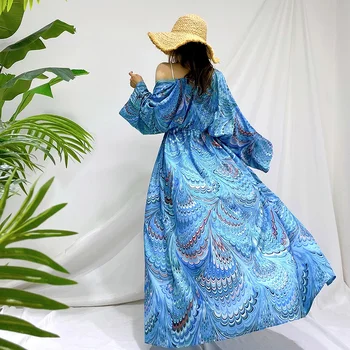 Nauja Elegantiška Mėlynos spalvos ilgomis Rankovėmis Kimono Megztinis Ilgas Nėriniai-up Apsaugos nuo Saulės Quick Dry Spausdinimo Kaftan Pajūrio maudymosi Kostiumėliai Paplūdimio Suknelė 0