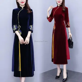 Iki 2023 m. rudens-žiemos kinijos elegancija derliaus išsiuvinėti cheongsam elegantiška suknelė aksominė pusė rankovės šalies qipao ilga suknelė s853 0