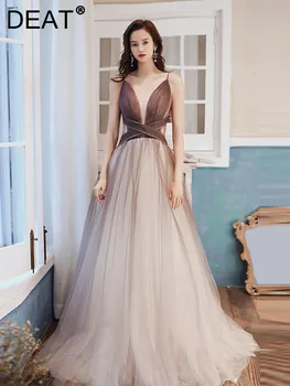 DEAT Elegantiška Suknelė Spageti Dirželis Kontrasto Spalvų Akių Nėriniai-up Kratinys Moterų Vakare Šalis Suknelės 2024 M. Pavasarį Naujas Mados