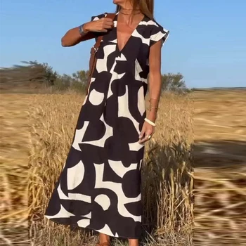 Mados Rankovių Geometrijos Spausdinti Maxi Šalis Suknelė Elegantiškas Atsitiktinis Palaidų Juosmens Moterų Megztinis Moteriška Suknelė Sexy V Kaklo Ilgai Skraiste