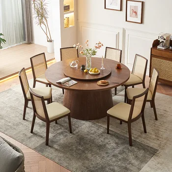 Šiaurės medžio masyvo valgomojo apskritojo stalo namuose minimalistinio su patefonu rotango kėdės derinys homestay restoranas plaukų