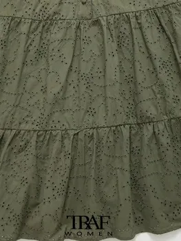 TRAF Moterų Mados ažūrinės figūrinių Siuvinėjimo Mini Suknelė Vintage ilgomis Rankovėmis Priekiniai Mygtuką Moterų Suknelės, Vestidos Mujer 3